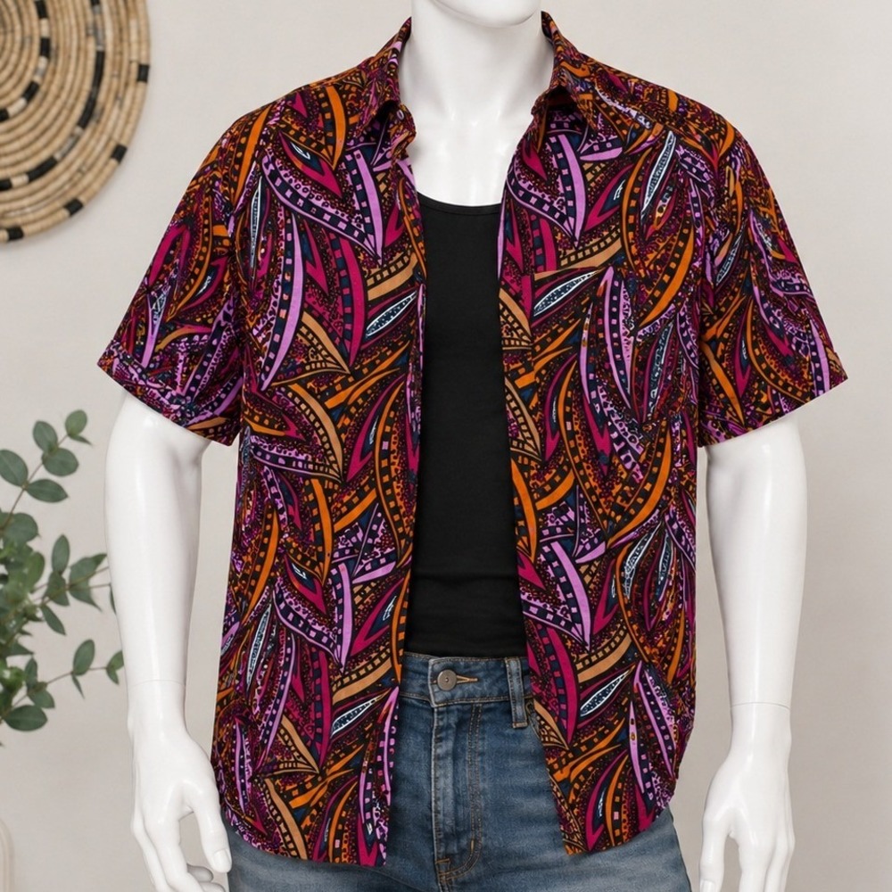 D'IYANU Mens‎ Button Down African Print Geometric Leaf Multicolor XXL